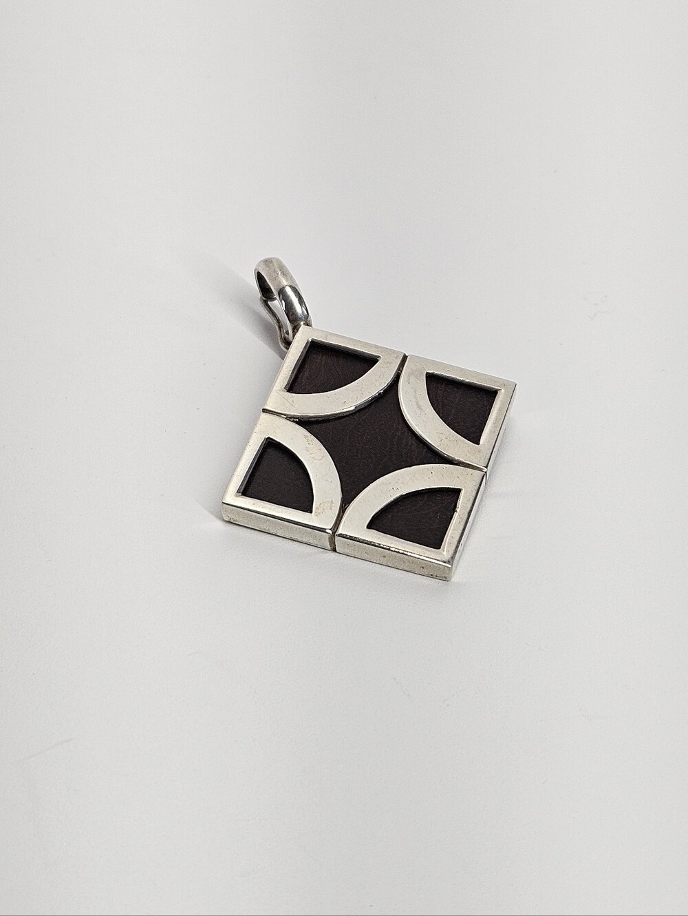 Pendant 1 5/8" Enhancer Square 925 Silver Vintage Wood Deco Modernist Geometric